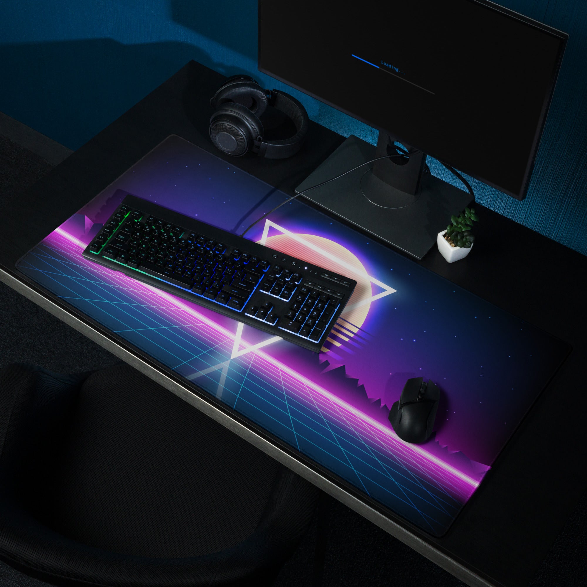 Neon Sunset Triangle Desk Mat - Gaming Mouse Pad Neon Pink Purple Blue Synthwave Mood Vaporwave Cyberpunk Edge Stitched