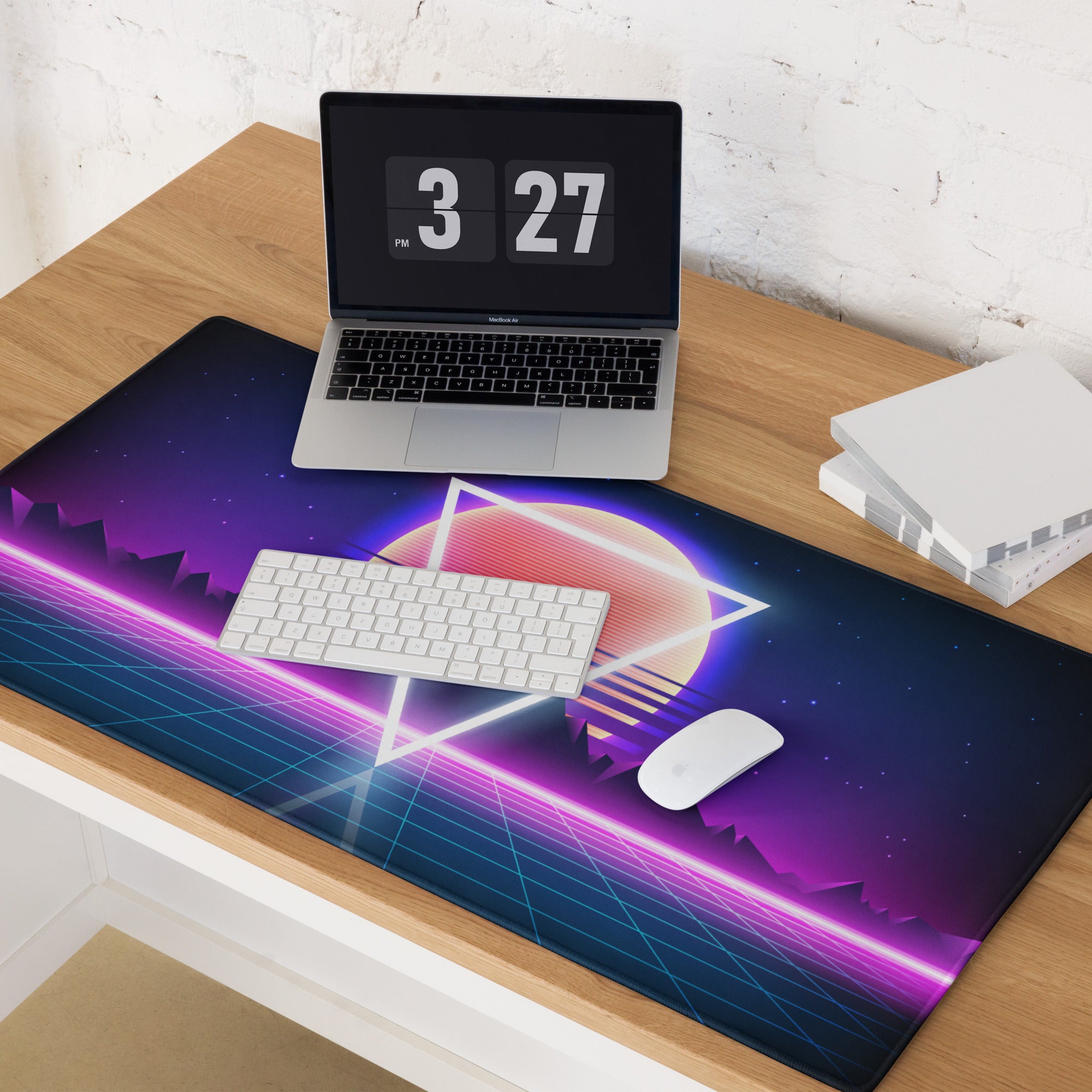 Neon Sunset Triangle Desk Mat - Gaming Mouse Pad Neon Pink Purple Blue Synthwave Mood Vaporwave Cyberpunk Edge Stitched