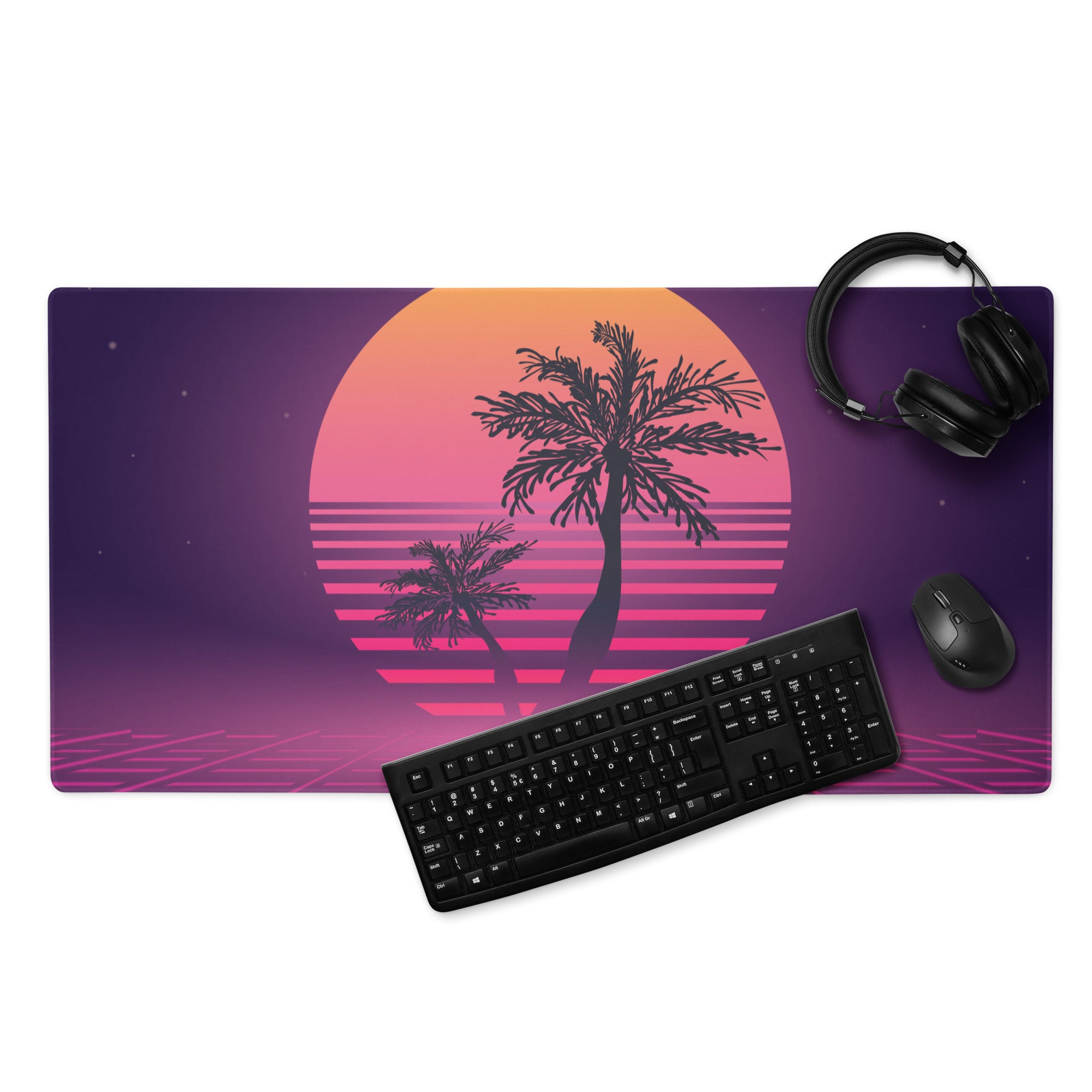 Sunset Palm Neon Desk Pad - Palm Tree Purple Pink Gradient Desk Pad Vaporwave Mood Neon Vaporwave Gaming Desk Non Slip