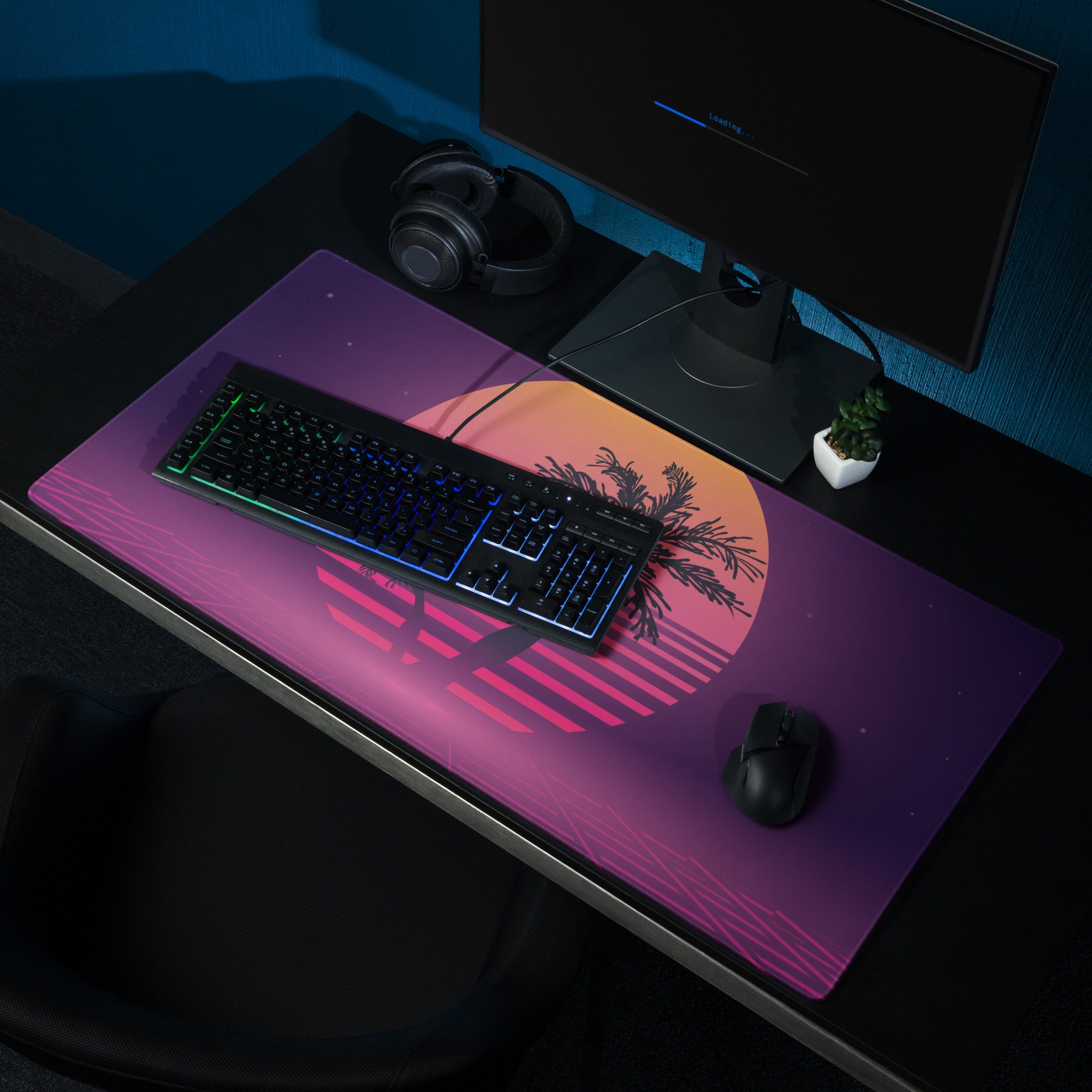 Sunset Palm Neon Desk Pad - Palm Tree Purple Pink Gradient Desk Pad Vaporwave Mood Neon Vaporwave Gaming Desk Non Slip