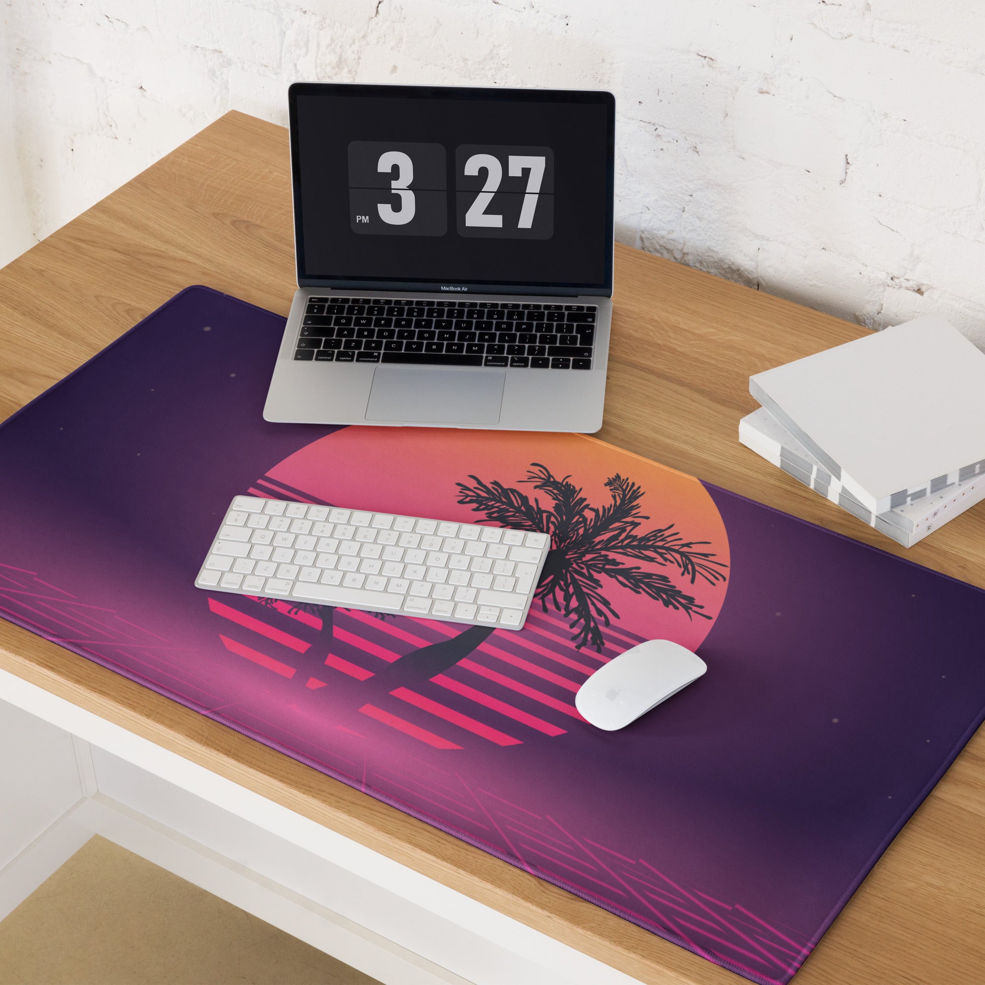 Sunset Palm Neon Desk Pad - Palm Tree Purple Pink Gradient Desk Pad Vaporwave Mood Neon Vaporwave Gaming Desk Non Slip