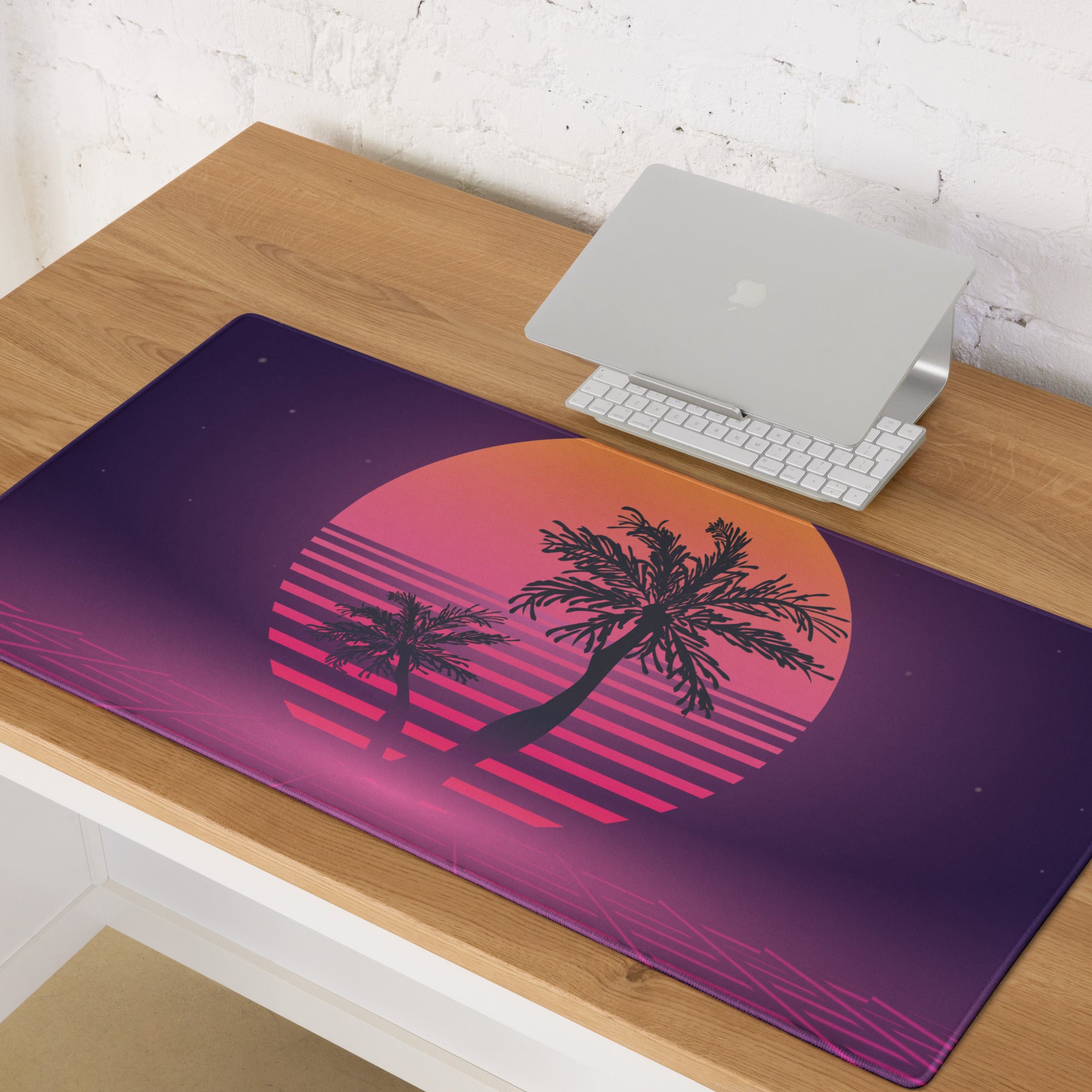 Sunset Palm Neon Desk Pad - Palm Tree Purple Pink Gradient Desk Pad Vaporwave Mood Neon Vaporwave Gaming Desk Non Slip