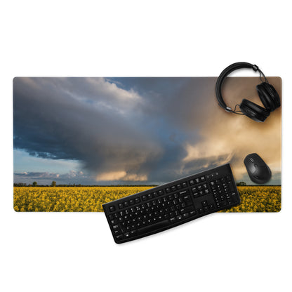 Stormy Canola Field Desk Pad - Landscape Canola Field Yellow Blue Gaming Desk Photo Print - Dramatic Mood Wall Art Photo