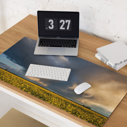 Stormy Canola Field Desk Pad - Landscape Canola Field Yellow Blue Gaming Desk Photo Print - Dramatic Mood Wall Art Photo