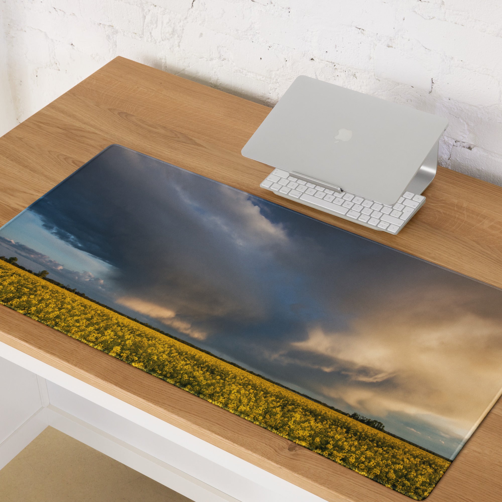 Stormy Canola Field Desk Pad - Landscape Canola Field Yellow Blue Gaming Desk Photo Print - Dramatic Mood Wall Art Photo