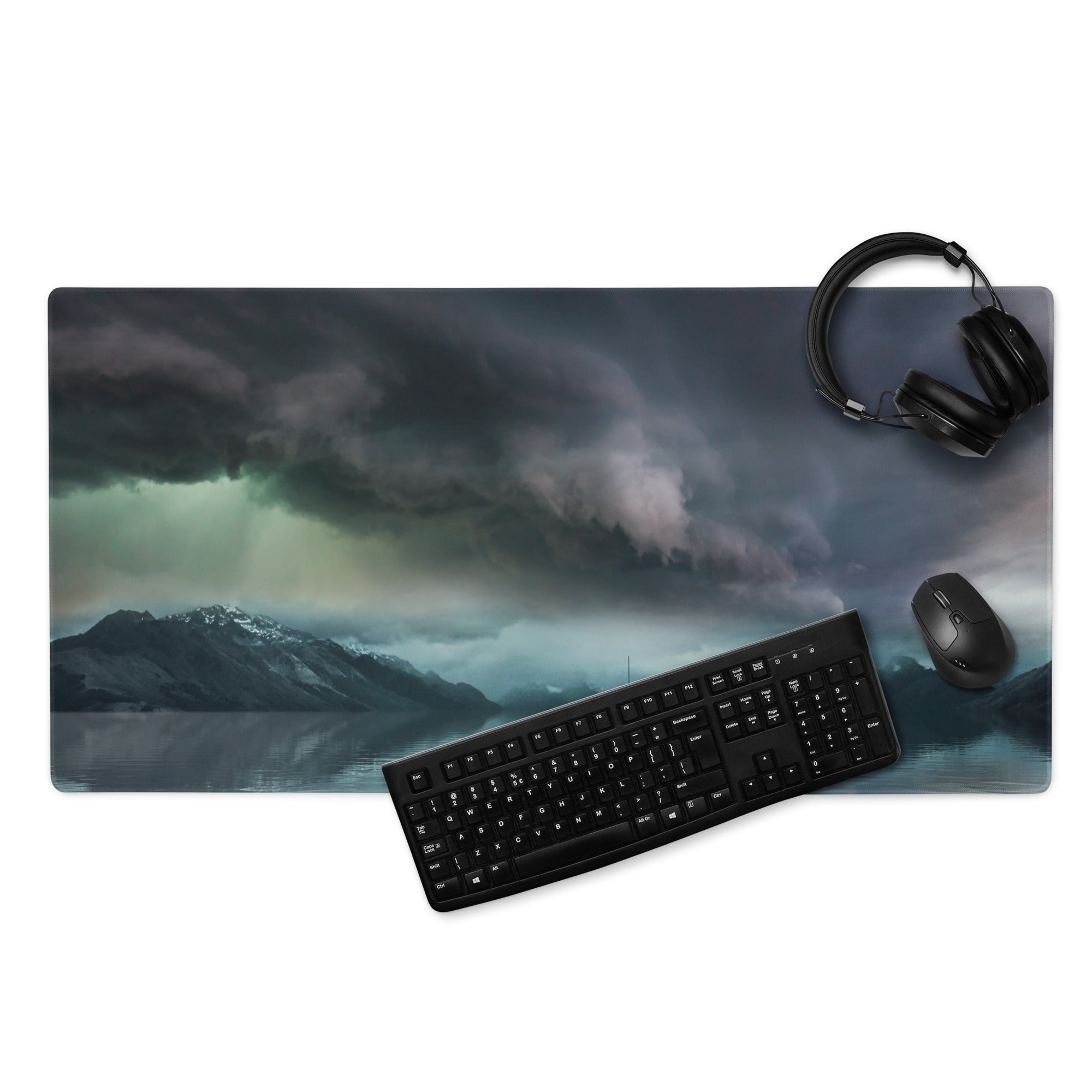 Stormy Mountain Landscape Mouse Pad - Stormy Mountain Landscape Blues Teal Gaming Desk Moody Industrial Modern Large Pad