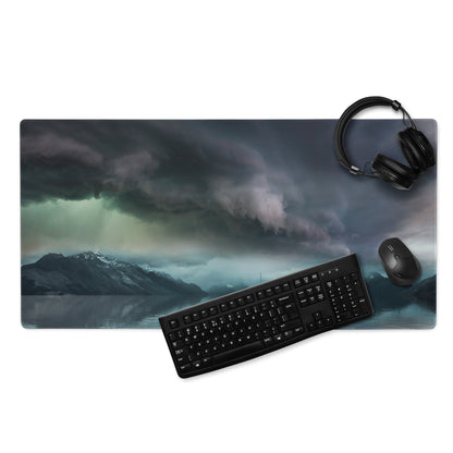 Stormy Mountain Landscape Mouse Pad - Stormy Mountain Landscape Blues Teal Gaming Desk Moody Industrial Modern Large Pad