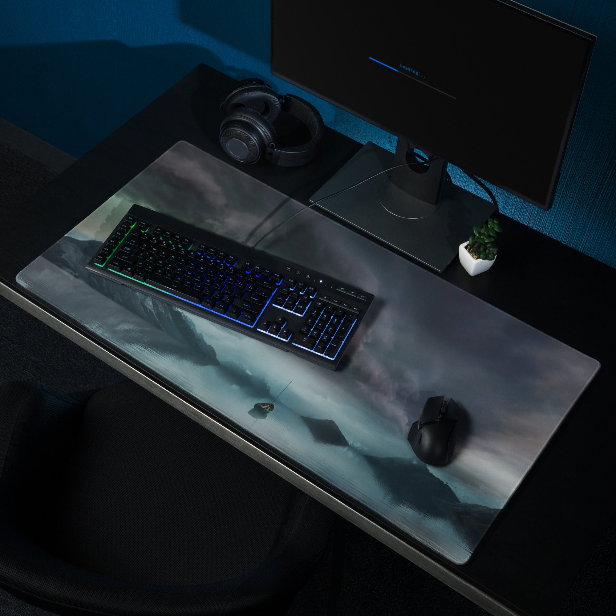 Stormy Mountain Landscape Mouse Pad - Stormy Mountain Landscape Blues Teal Gaming Desk Moody Industrial Modern Large Pad