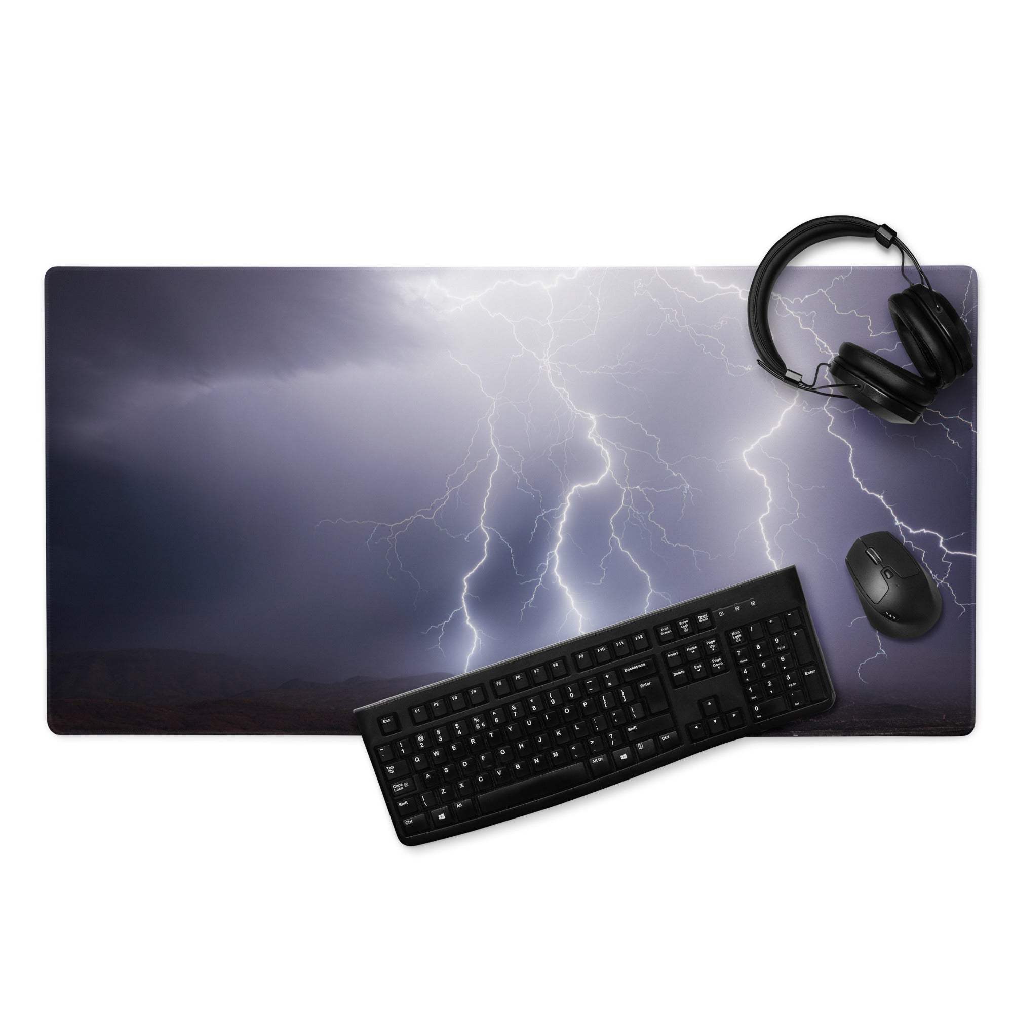 Storm lightning pro gaming mouse pad with vivid lightning bolts on dark purple and gray gradient background for desktop setup