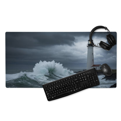 Stormy Lighthouse Ocean Nightscape - Lighthouse Ocean Scene Navy Blue Desk Mat Moody Nautical Decor Gaming Mouse Pad