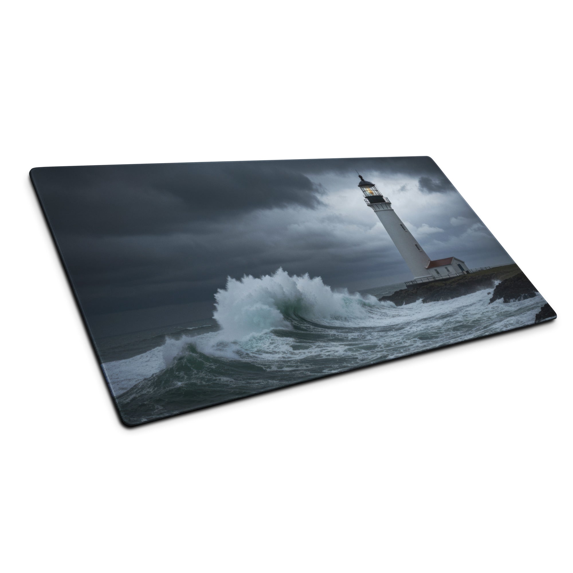 Stormy Lighthouse Ocean Nightscape - Lighthouse Ocean Scene Navy Blue Desk Mat Moody Nautical Decor Gaming Mouse Pad