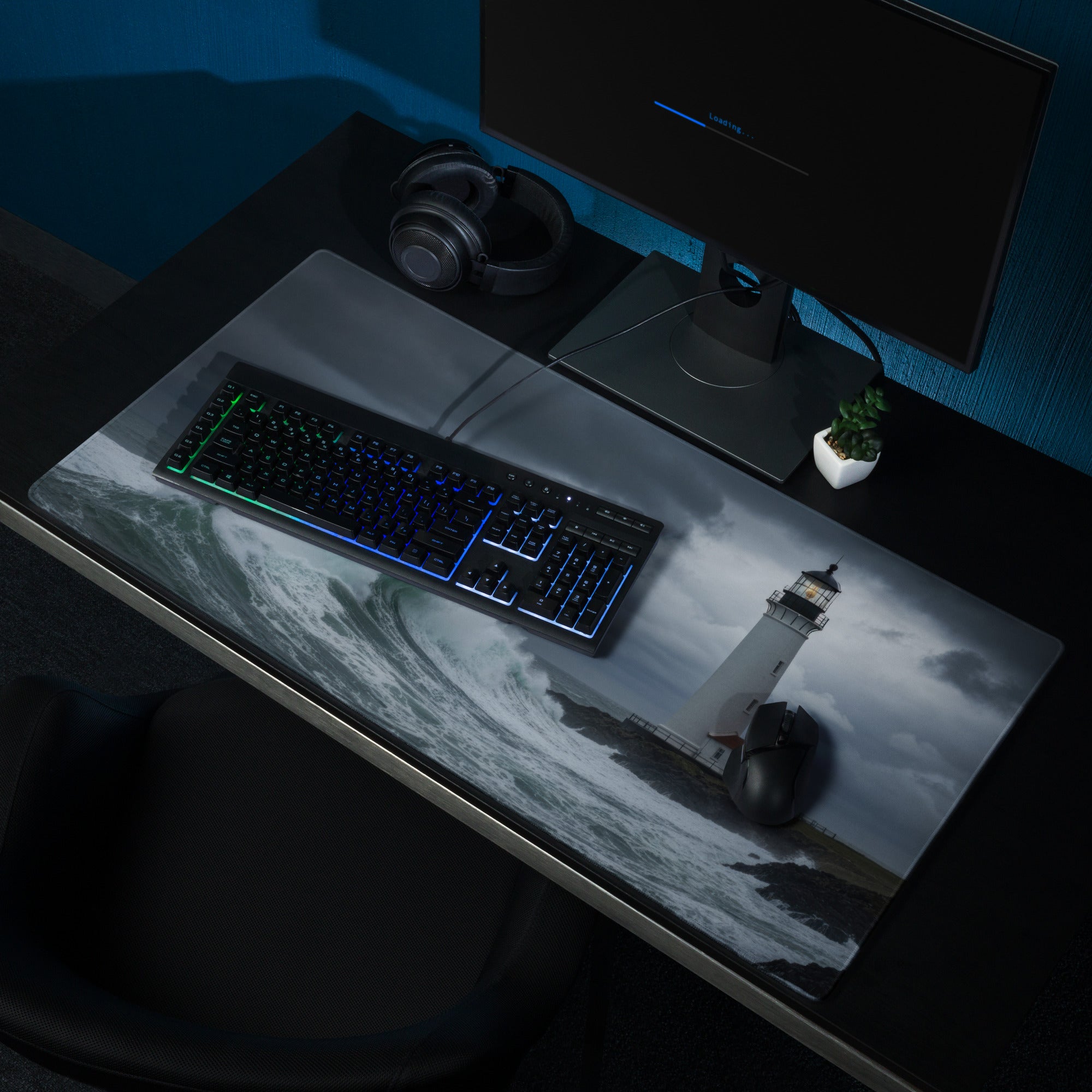 Stormy Lighthouse Ocean Nightscape - Lighthouse Ocean Scene Navy Blue Desk Mat Moody Nautical Decor Gaming Mouse Pad