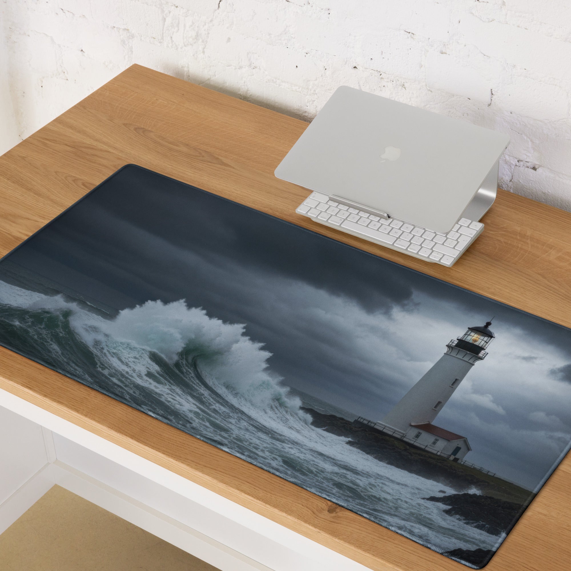 Stormy Lighthouse Ocean Nightscape - Lighthouse Ocean Scene Navy Blue Desk Mat Moody Nautical Decor Gaming Mouse Pad