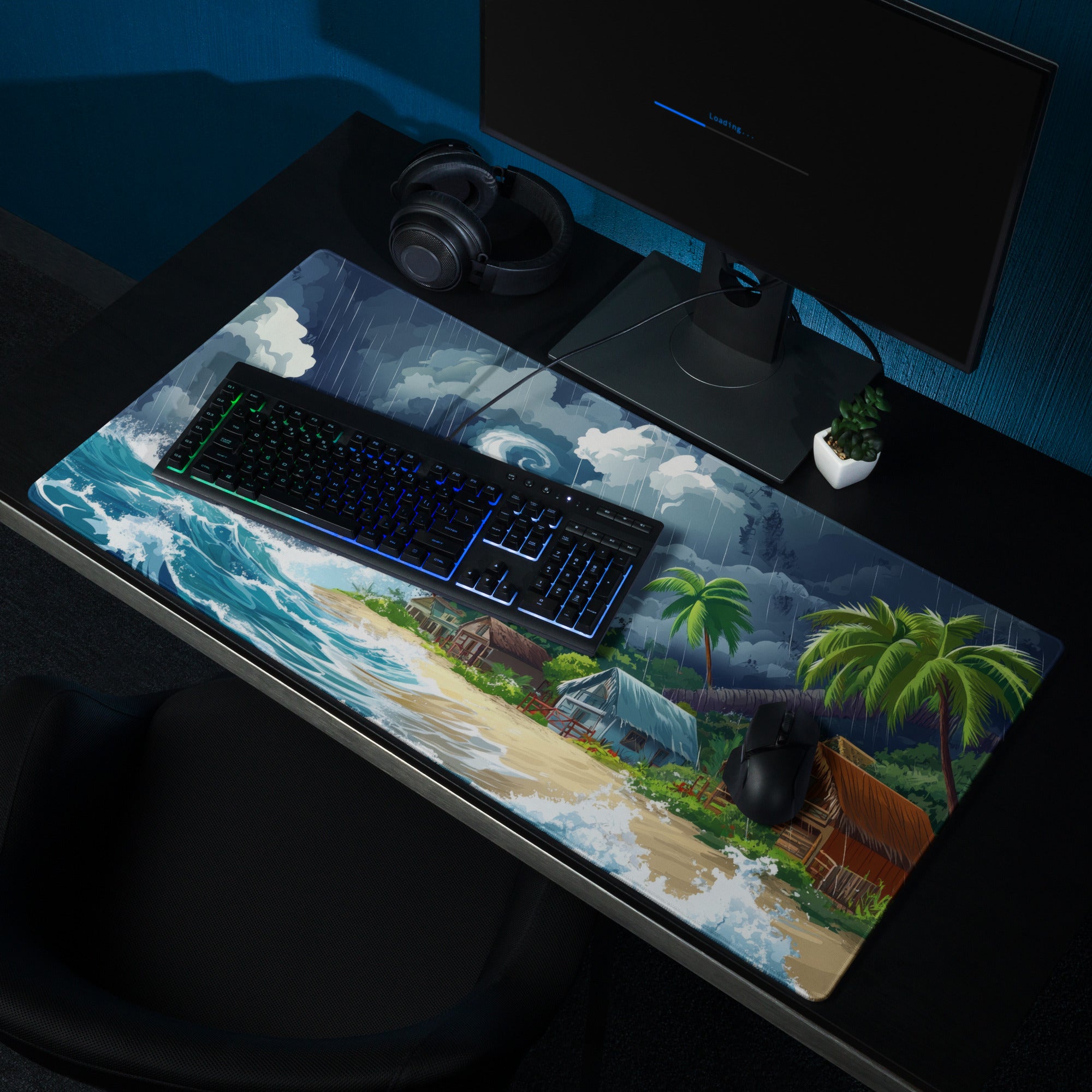 Stormy Island Oasis Mouse Pad - Tropical Navy Blue Palms Desk Digital Moody Coastal Decor Gaming Mat