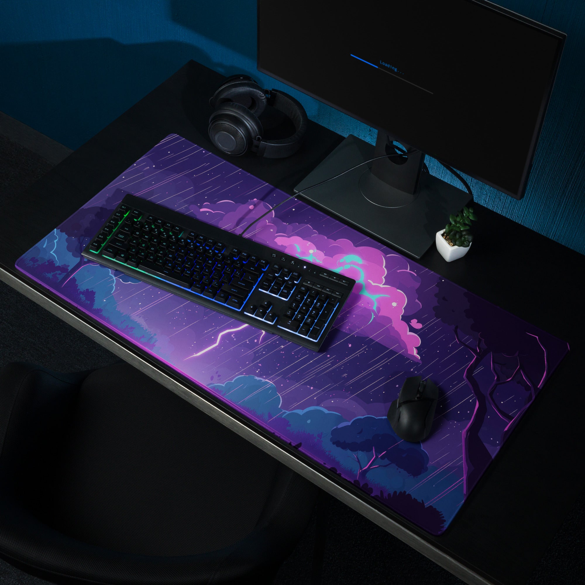 Nebula Storm Gaming Pad - Gaming Mouse Pad Purple Blue Desktop Cyberpunk - Stormy Futuristic Lightning Desk Mat Digital Art