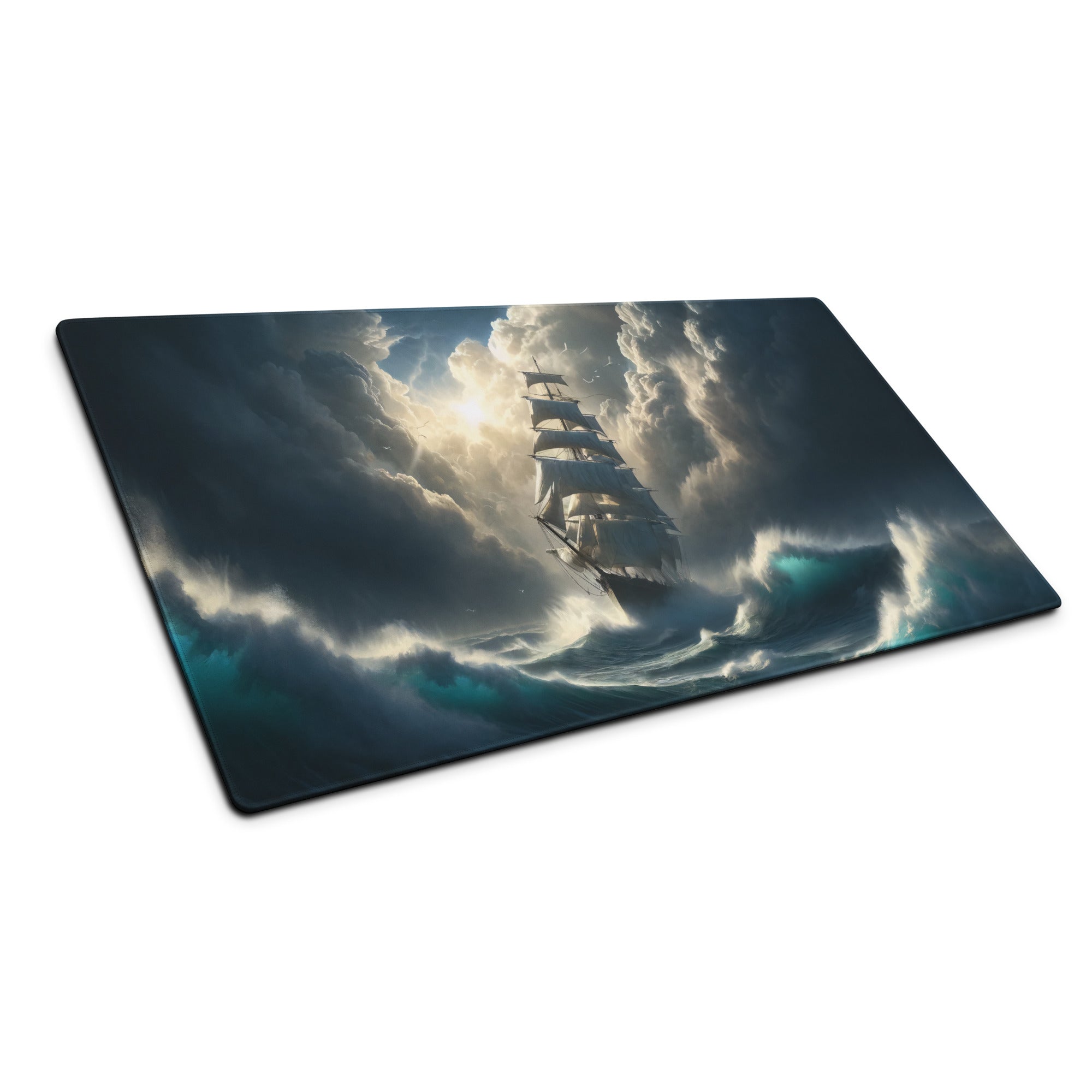 Stormbound Ship Oceanic Desk Mat - Ship Blue Navy Gaming Desk Mat Cinematic Digital Painting Moody Modern