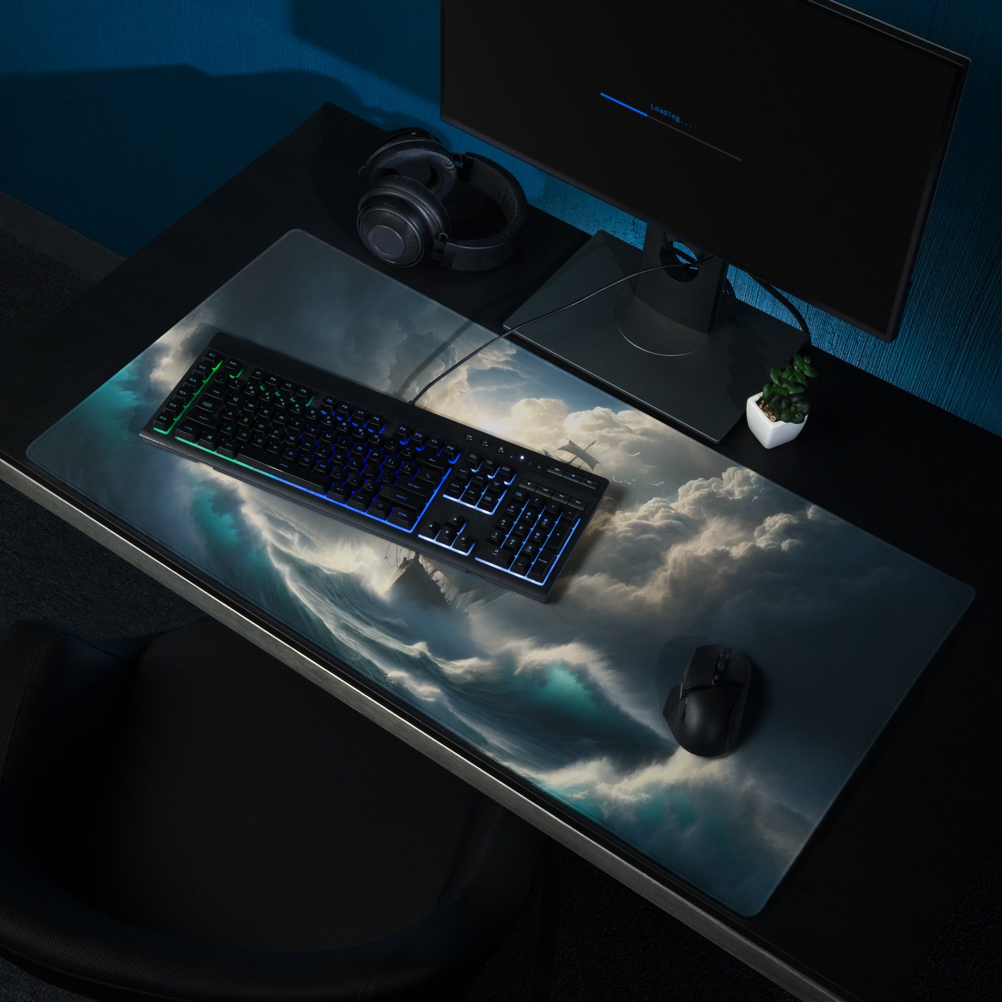 Stormbound Ship Oceanic Desk Mat - Ship Blue Navy Gaming Desk Mat Cinematic Digital Painting Moody Modern