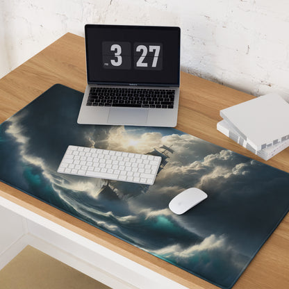 Stormbound Ship Oceanic Desk Mat - Ship Blue Navy Gaming Desk Mat Cinematic Digital Painting Moody Modern
