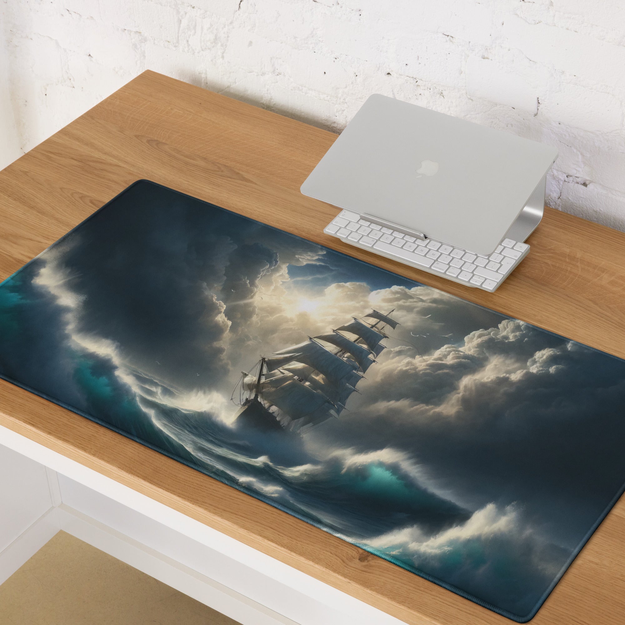 Stormbound Ship Oceanic Desk Mat - Ship Blue Navy Gaming Desk Mat Cinematic Digital Painting Moody Modern