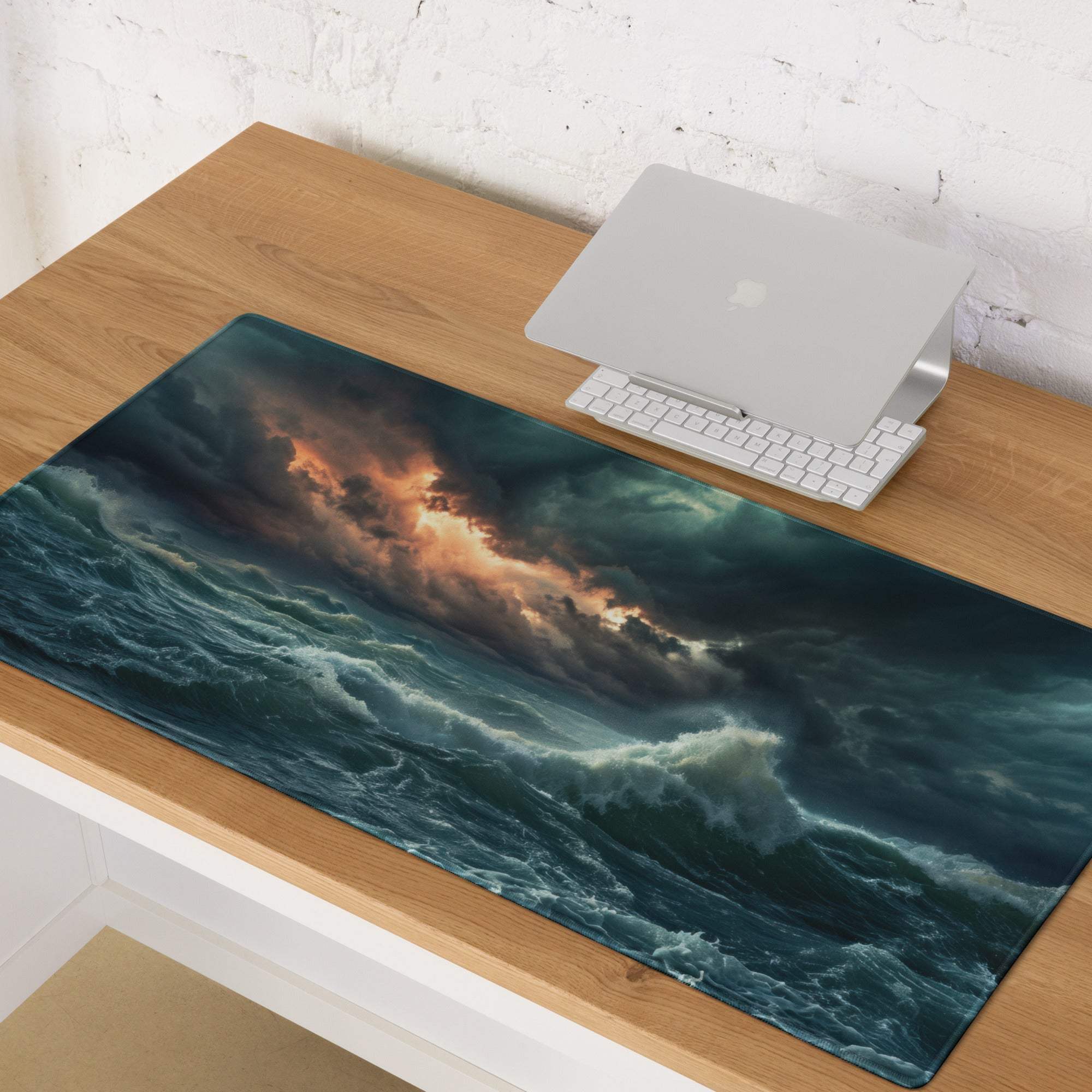 Stormy ocean mouse pad with dark teal and orange stormy waves print glossy finish for gaming desk use