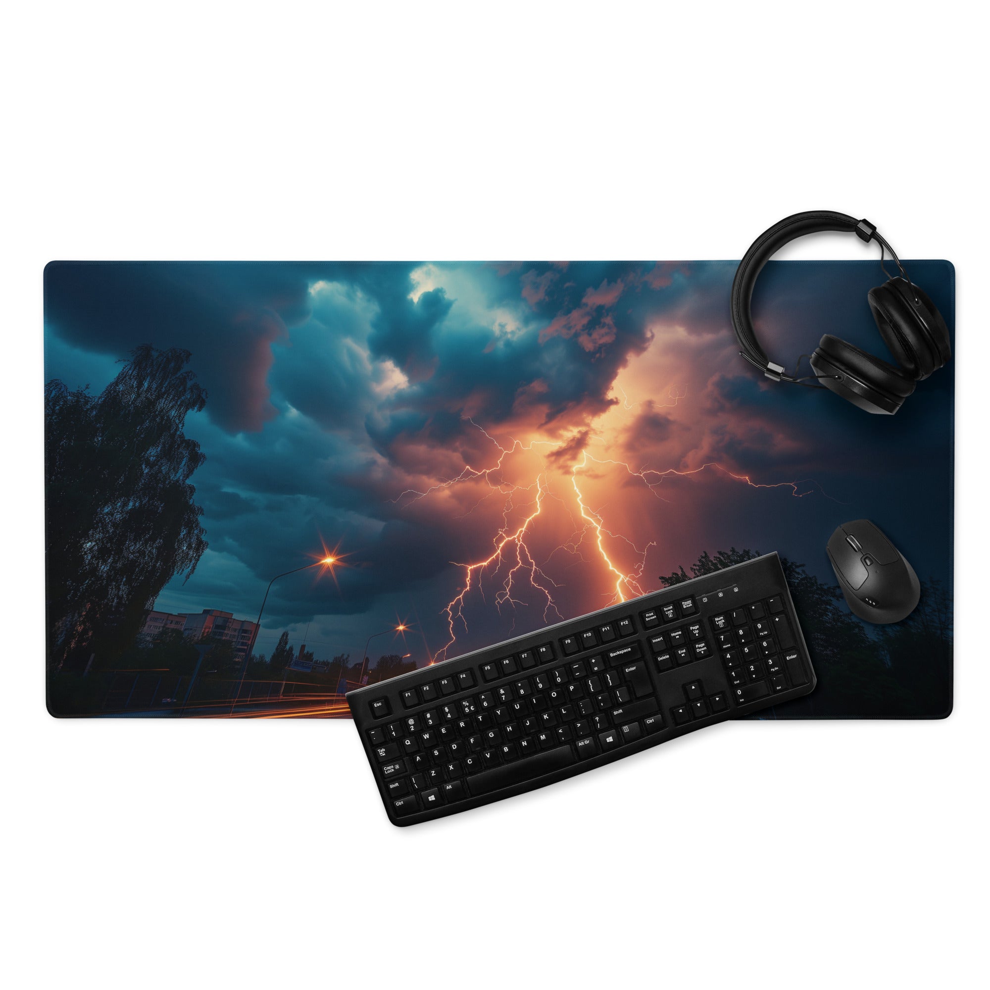 Lightning Storm Gaming Desk Pad - Lightning Storm Blue Orange Desk Mat Dramatic Mood Esports Desk Pad Photo Print
