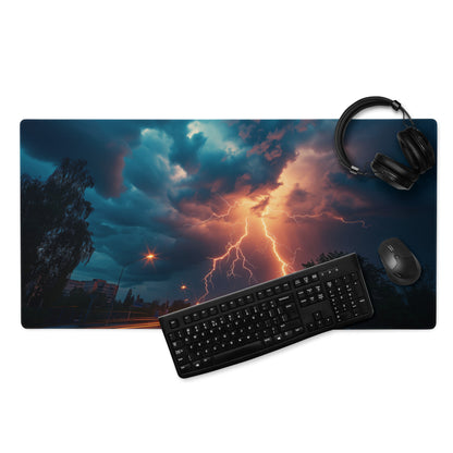 Lightning Storm Gaming Desk Pad - Lightning Storm Blue Orange Desk Mat Dramatic Mood Esports Desk Pad Photo Print