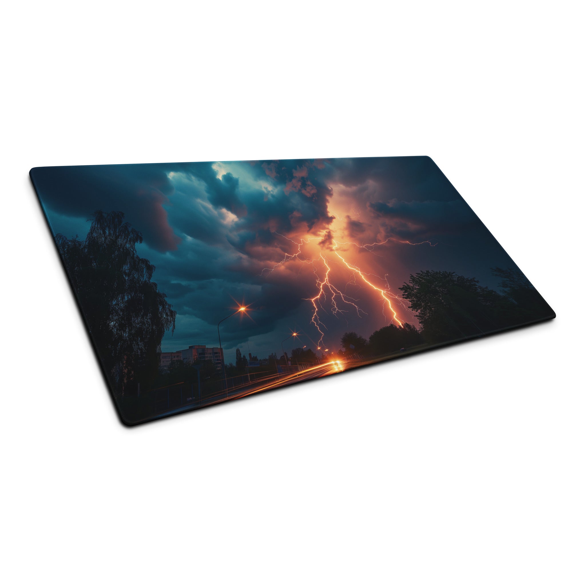 Lightning Storm Gaming Desk Pad - Lightning Storm Blue Orange Desk Mat Dramatic Mood Esports Desk Pad Photo Print
