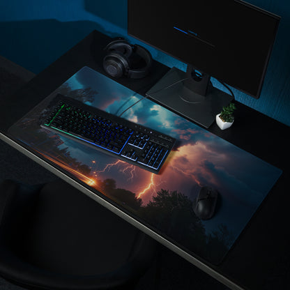 Lightning Storm Gaming Desk Pad - Lightning Storm Blue Orange Desk Mat Dramatic Mood Esports Desk Pad Photo Print