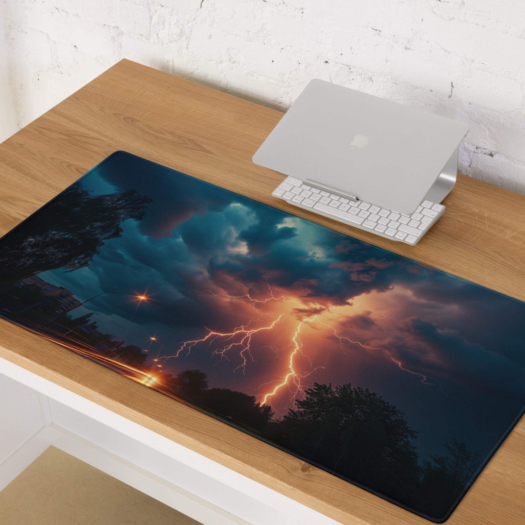 Rectangular glossy lightning storm gaming desk pad with vivid blue orange thunderstorm design for esports use