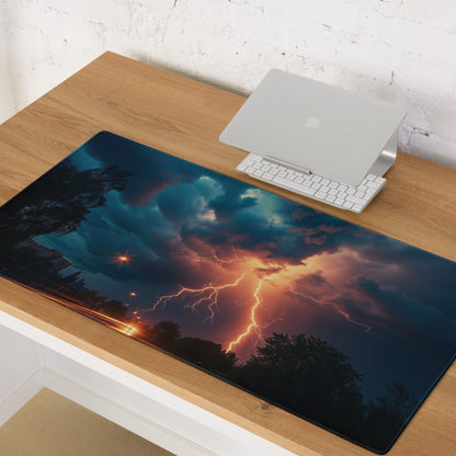 Lightning Storm Gaming Desk Pad - Lightning Storm Blue Orange Desk Mat Dramatic Mood Esports Desk Pad Photo Print