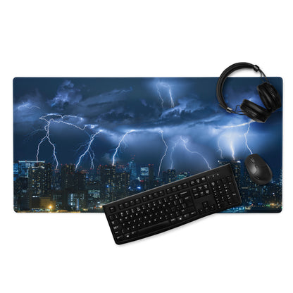 Storm Lightning City Gaming Mouse Pad - Gaming Mouse Pad Blue Photorealistic Dramatic Storm Tech Modern Cityscape Photo