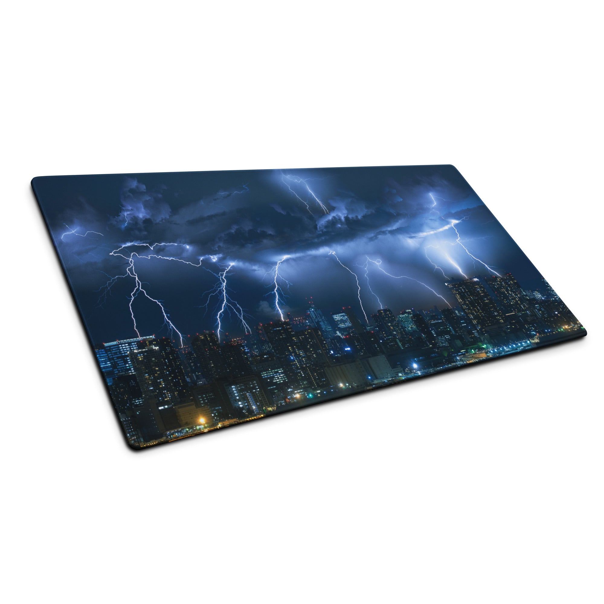 Storm Lightning City Gaming Mouse Pad - Gaming Mouse Pad Blue Photorealistic Dramatic Storm Tech Modern Cityscape Photo