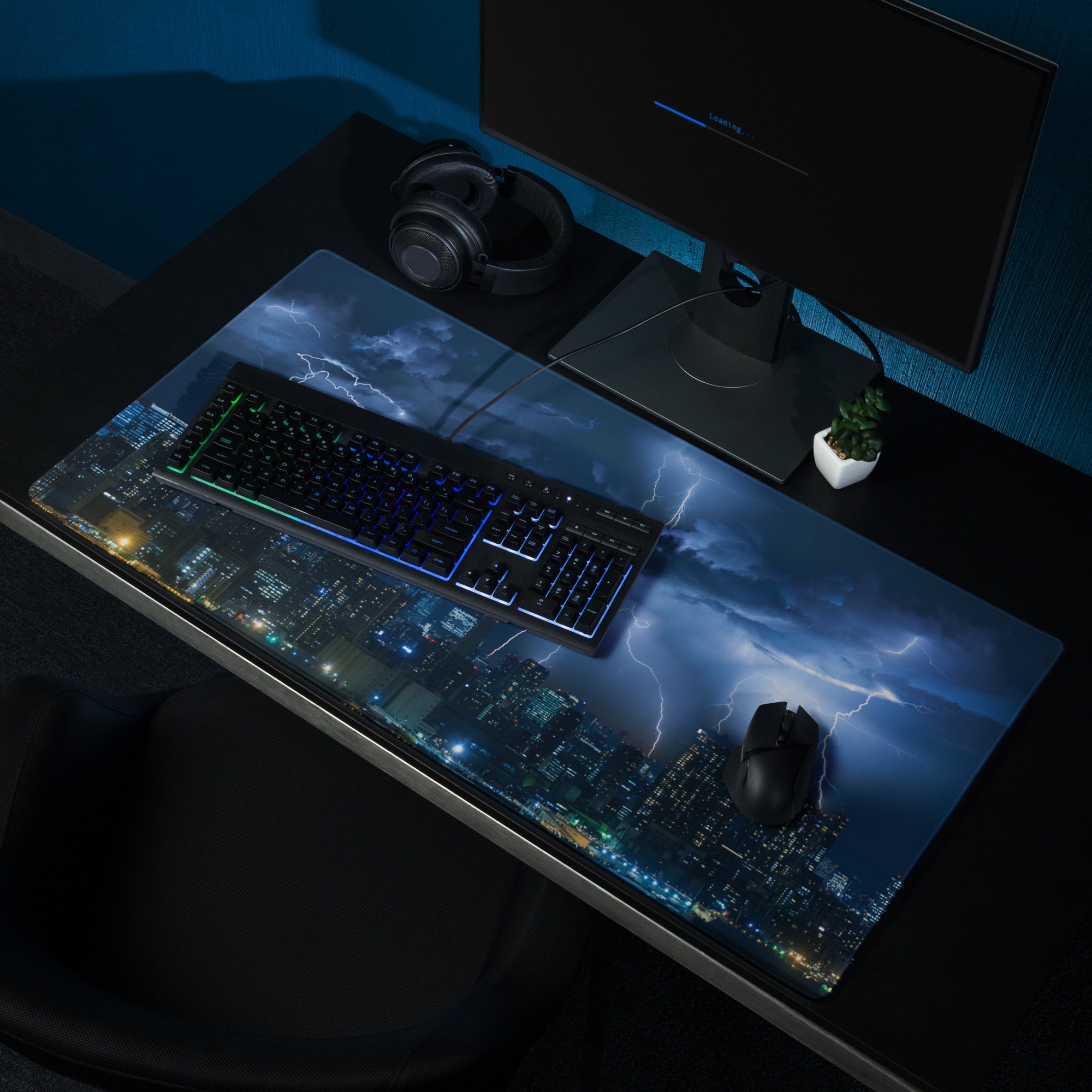 Storm Lightning City Gaming Mouse Pad - Gaming Mouse Pad Blue Photorealistic Dramatic Storm Tech Modern Cityscape Photo