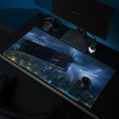 Storm Lightning City Gaming Mouse Pad - Gaming Mouse Pad Blue Photorealistic Dramatic Storm Tech Modern Cityscape Photo
