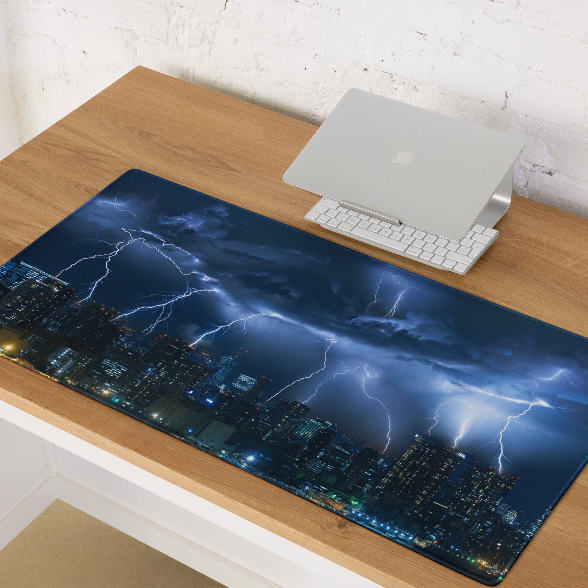 Storm Lightning City Gaming Mouse Pad - Gaming Mouse Pad Blue Photorealistic Dramatic Storm Tech Modern Cityscape Photo