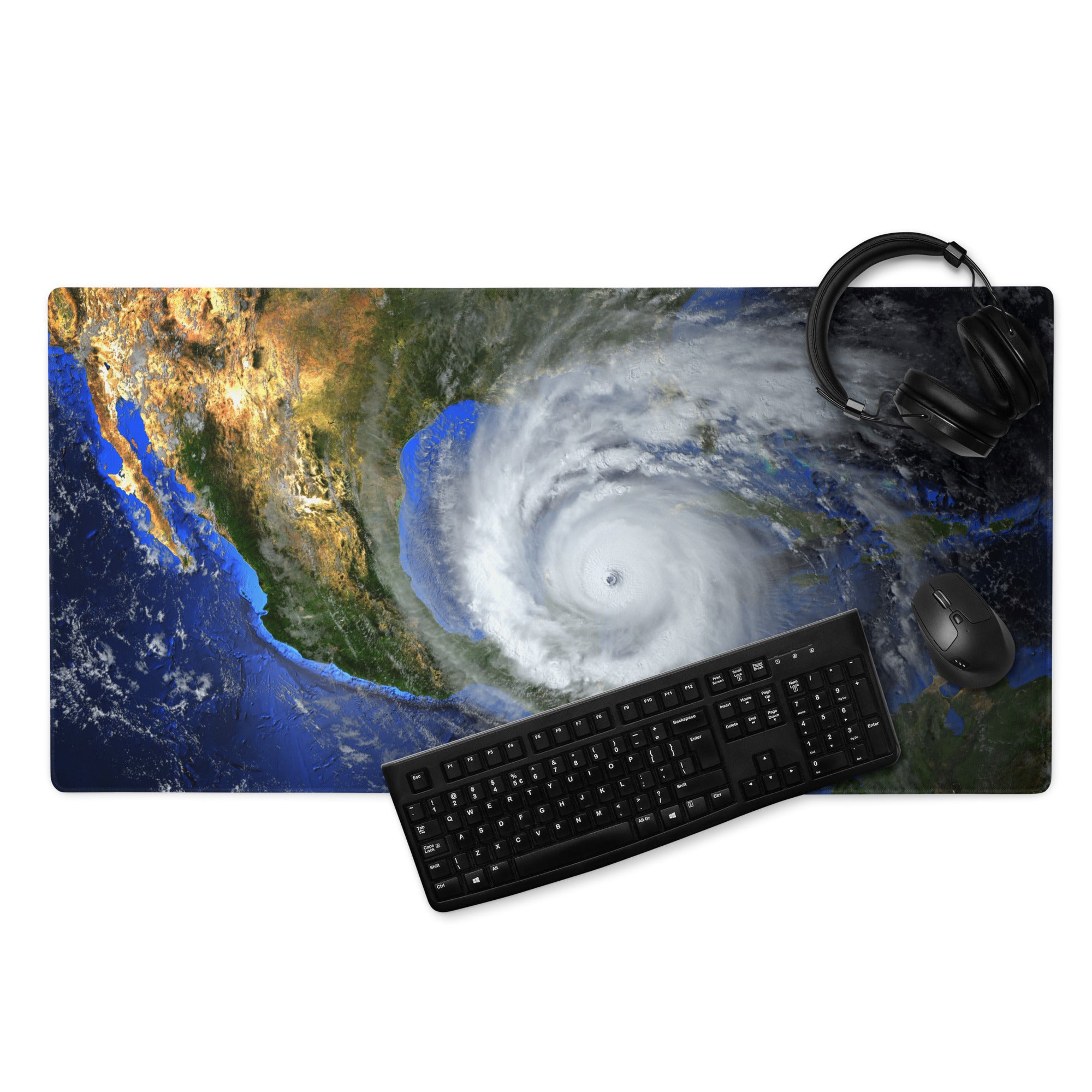 Storm Eye Satellite Desktop Pad - Hurricane Eye Satellite Earth Blue Orange Gray Gaming Desk Art Dramatic Weather Mood