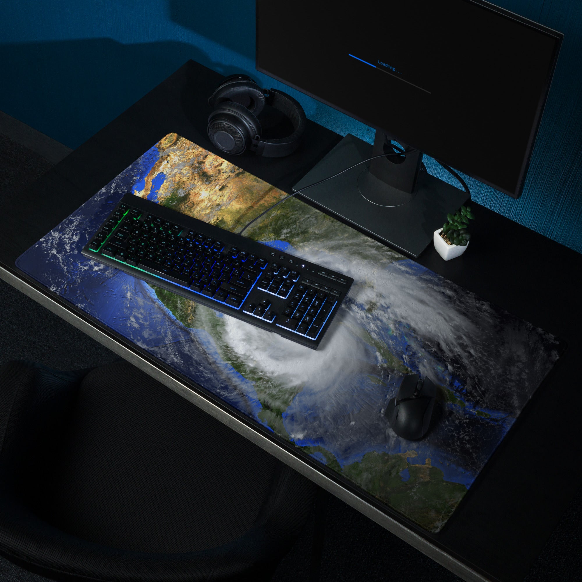 Storm Eye Satellite Desktop Pad - Hurricane Eye Satellite Earth Blue Orange Gray Gaming Desk Art Dramatic Weather Mood