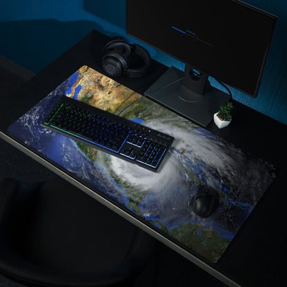 Storm Eye Satellite Desktop Pad - Hurricane Eye Satellite Earth Blue Orange Gray Gaming Desk Art Dramatic Weather Mood