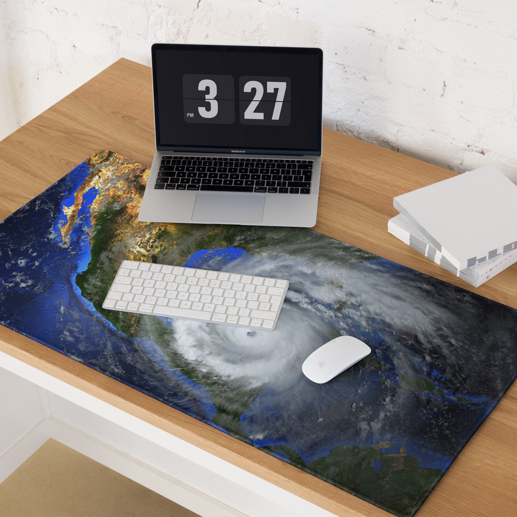 Storm Eye Satellite Desktop Pad - Hurricane Eye Satellite Earth Blue Orange Gray Gaming Desk Art Dramatic Weather Mood
