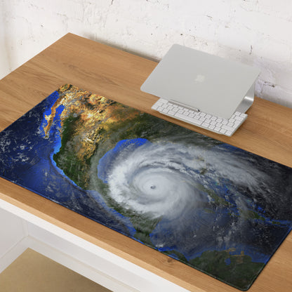 Storm Eye Satellite Desktop Pad - Hurricane Eye Satellite Earth Blue Orange Gray Gaming Desk Art Dramatic Weather Mood