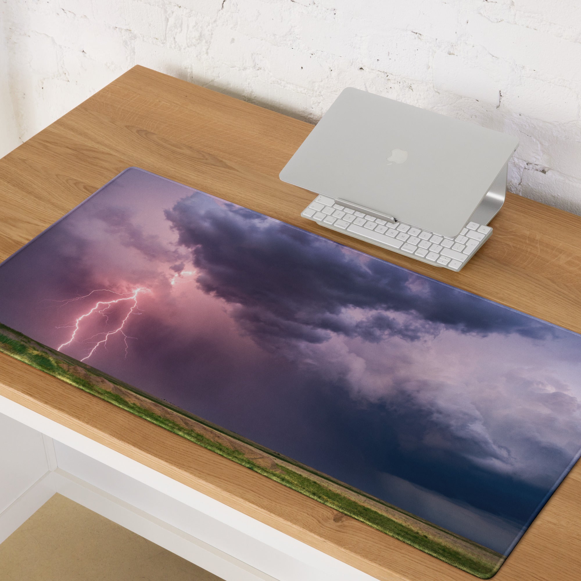 Storm Lightning Sky Gaming Pad - Stormy Lightning Sky Purple Pink Gaming Desk Photorealistic Dramatic Moody Modern Mat