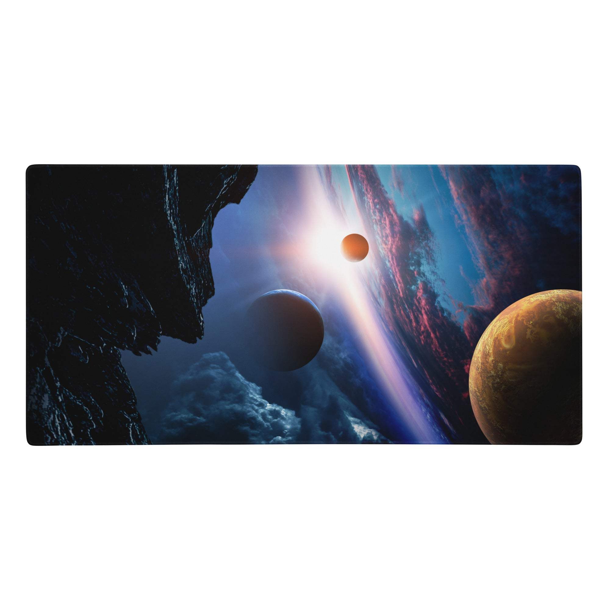 Rectangular cosmic orbit gaming mouse pad with vivid space scene in blue black and orange for futuristic desk setups
