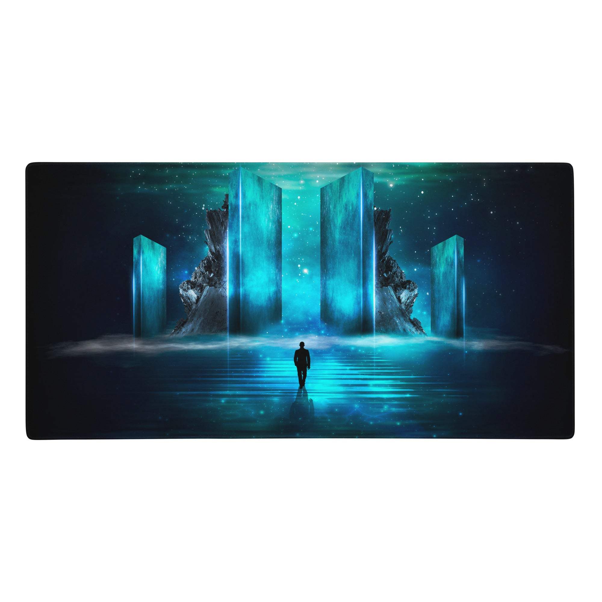 Neon portal gaming pad rectangular mouse pad with blue neon futuristic portal and crystalline pillars design