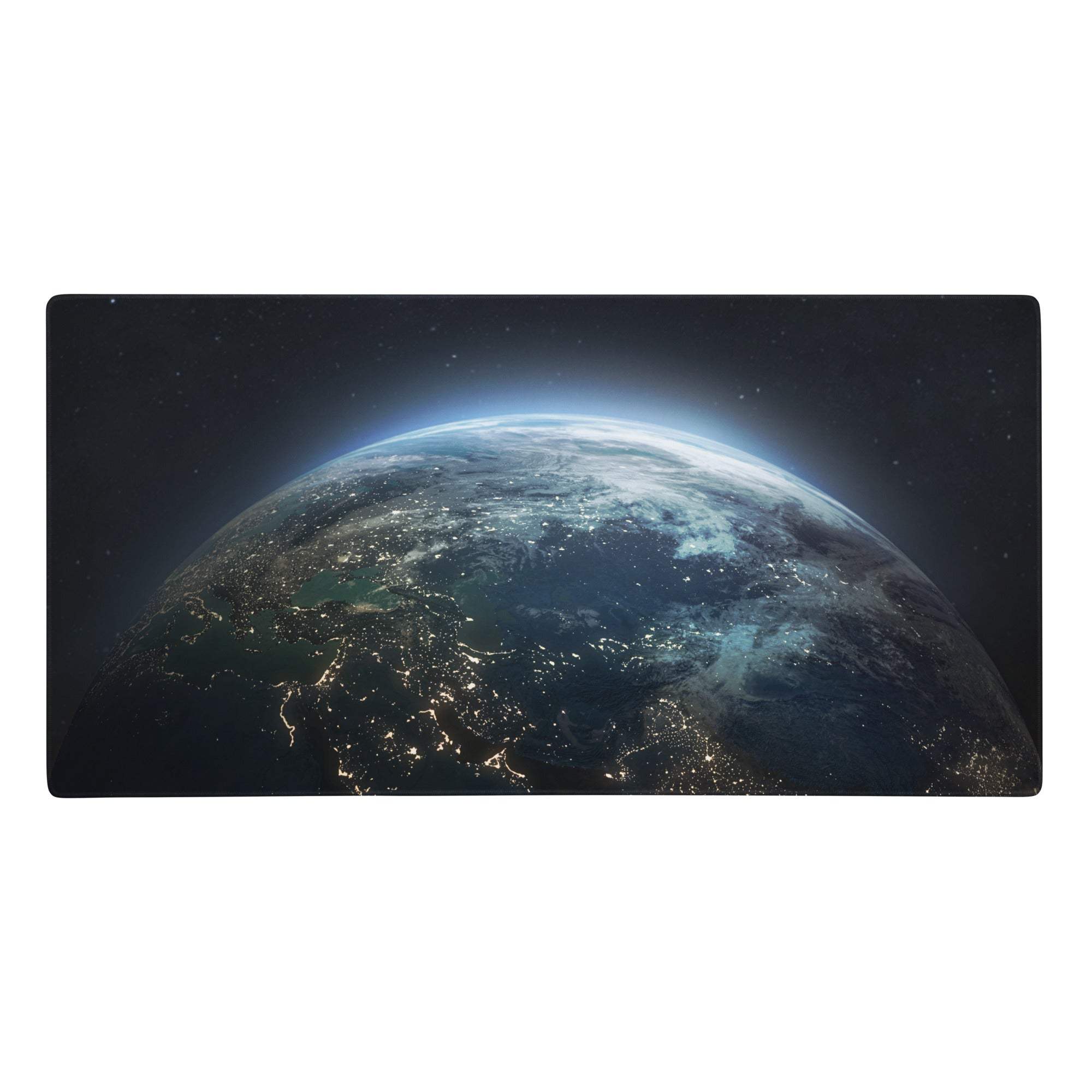 Rectangular cosmic earth gaming mouse pad with high-resolution earth image illuminated city lights and glowing rim