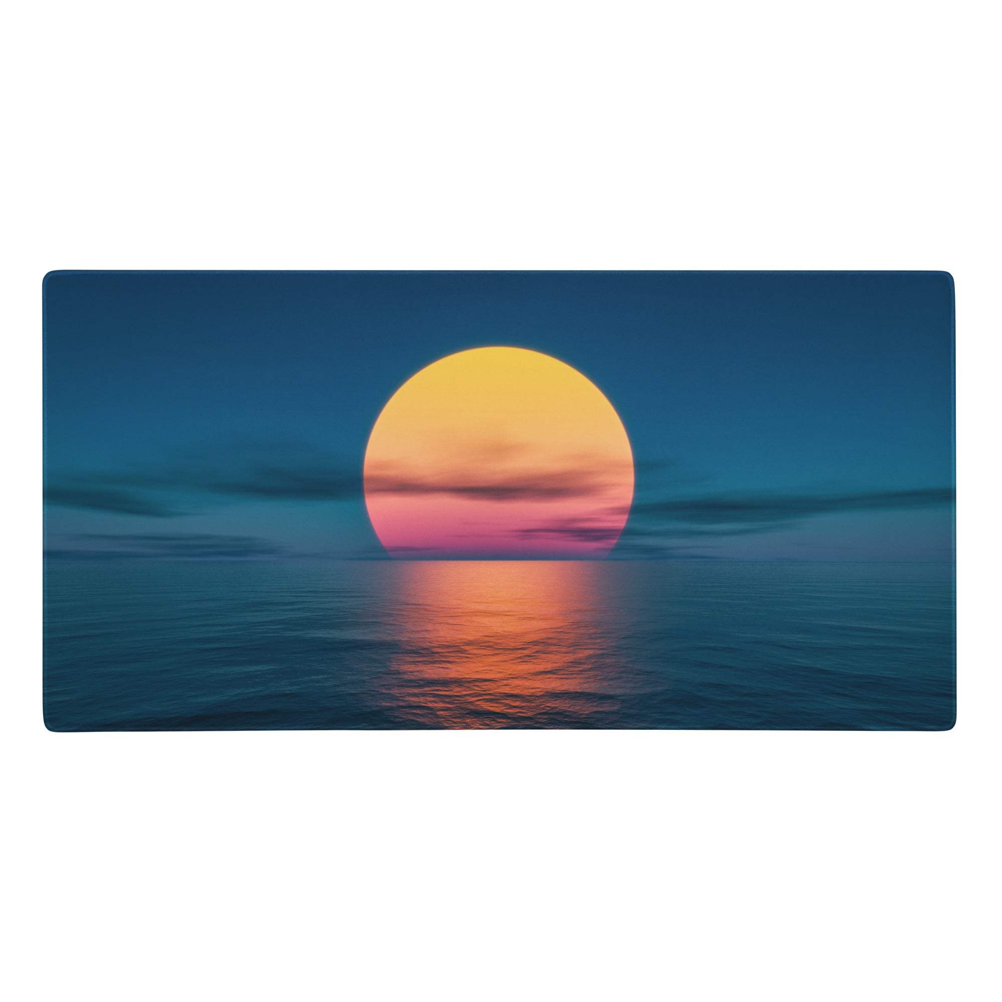 Sunset horizon blue gaming pad mouse pad with vibrant yellow and pink sunset over calm water on deep blue background