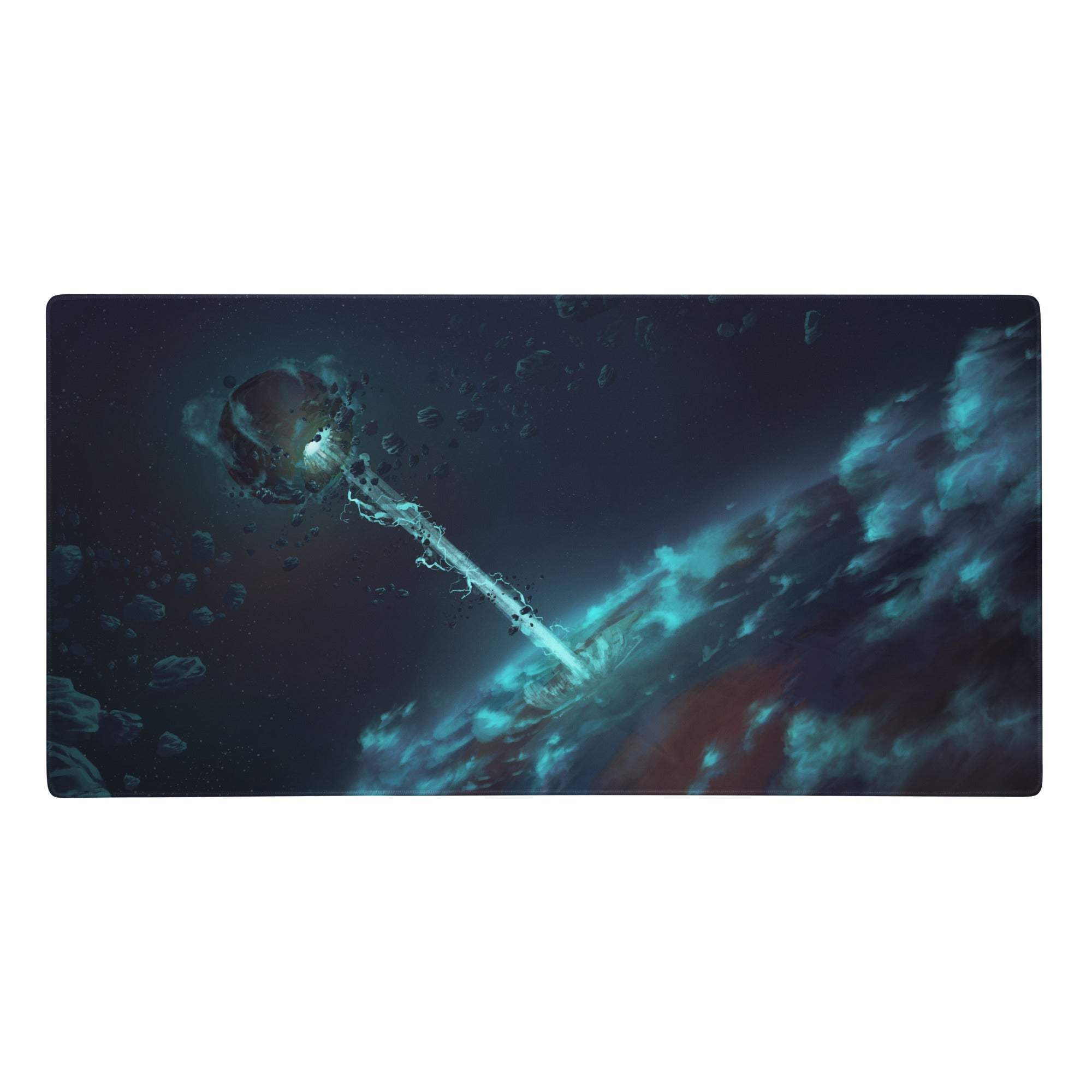 Rectangular cosmic space gaming mousepad with dark blue and teal cosmic scene and glowing ethereal sword design