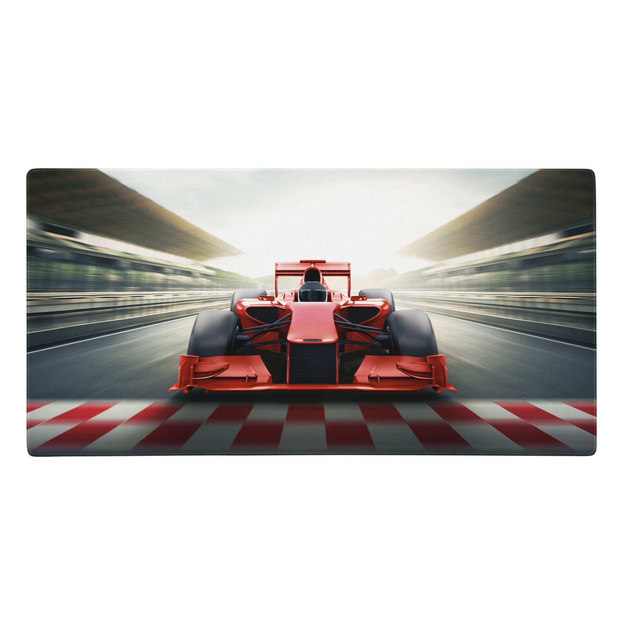 Racing red formula mouse pad featuring a red formula 1 race car speeding past a checkered finish line on track
