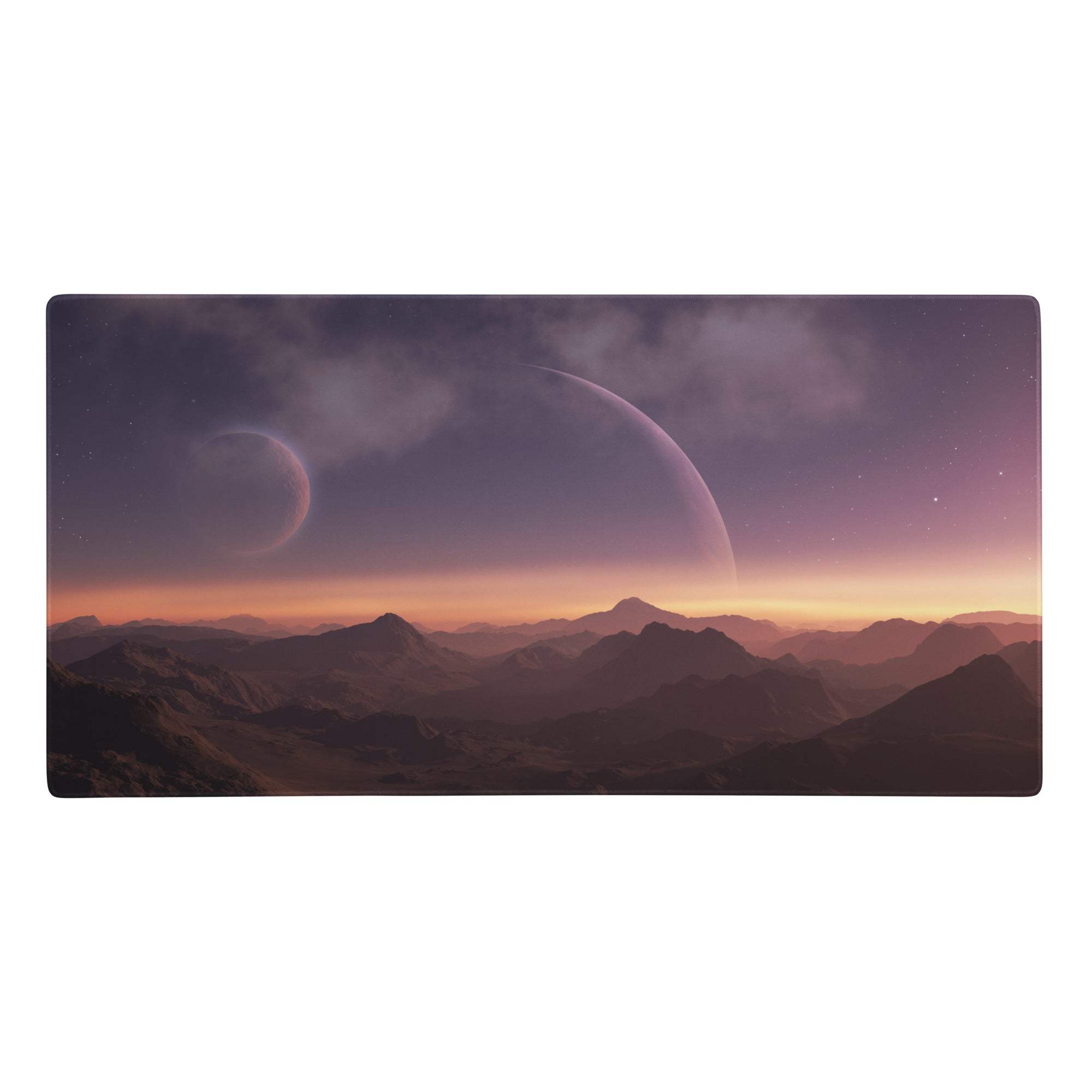 Rectangular cosmic sunset large gaming mouse pad with vibrant purple orange cosmic landscape and dual crescent moons