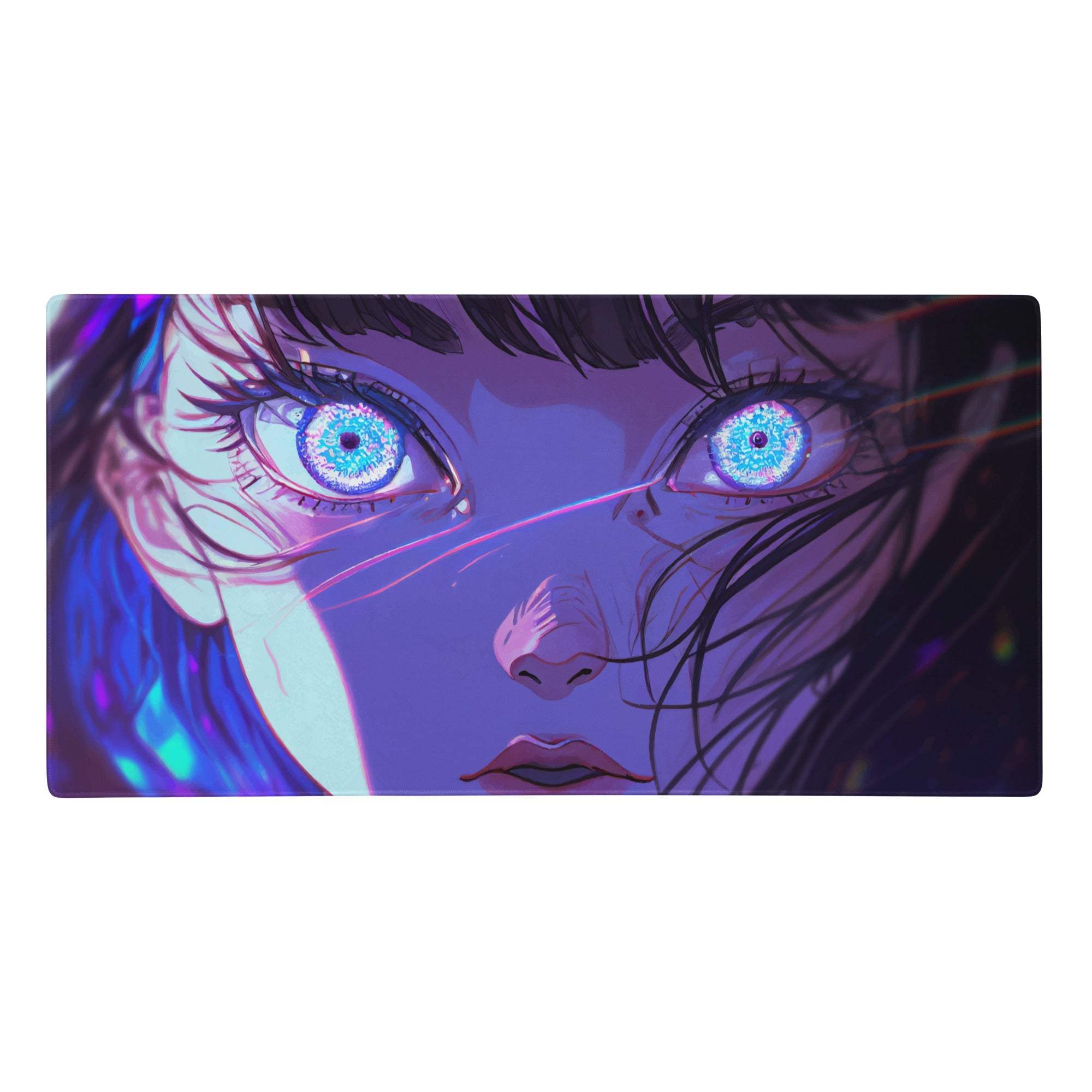 Rectangular gaming mouse pad featuring vibrant neon anime portrait of a girl with glowing blue eyes on purple background