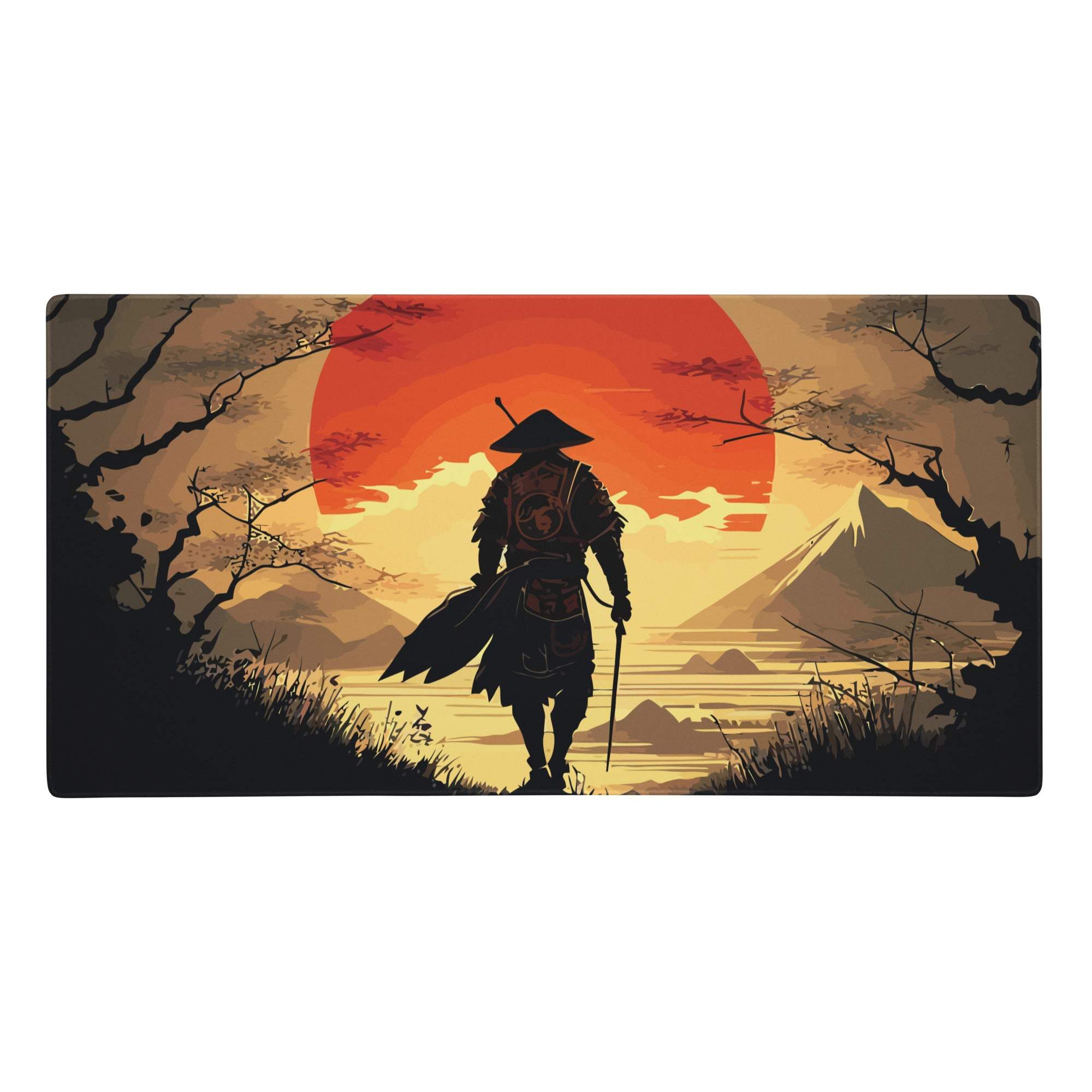 Rectangular gaming mat featuring a samurai silhouette against an orange sunset with mountains and bare trees design